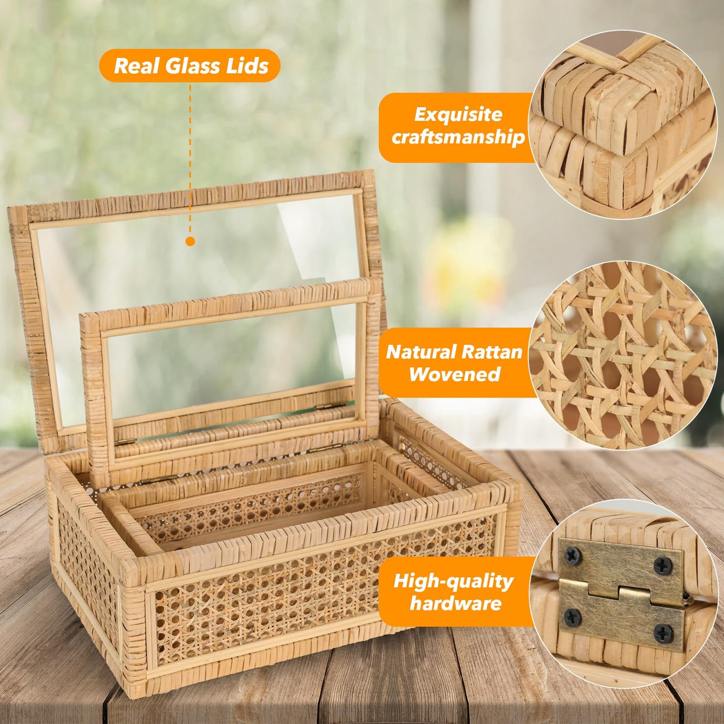 Large Handwoven Boho Rattan Display Boxes with Glass Lids - Set of 2 Rectangular Decorative Storage Bins - Natural Woven Cane Home Decor Organizers (15.55" x 9.64" x 5.9" & 12.48" x 6.88" x 4.52")