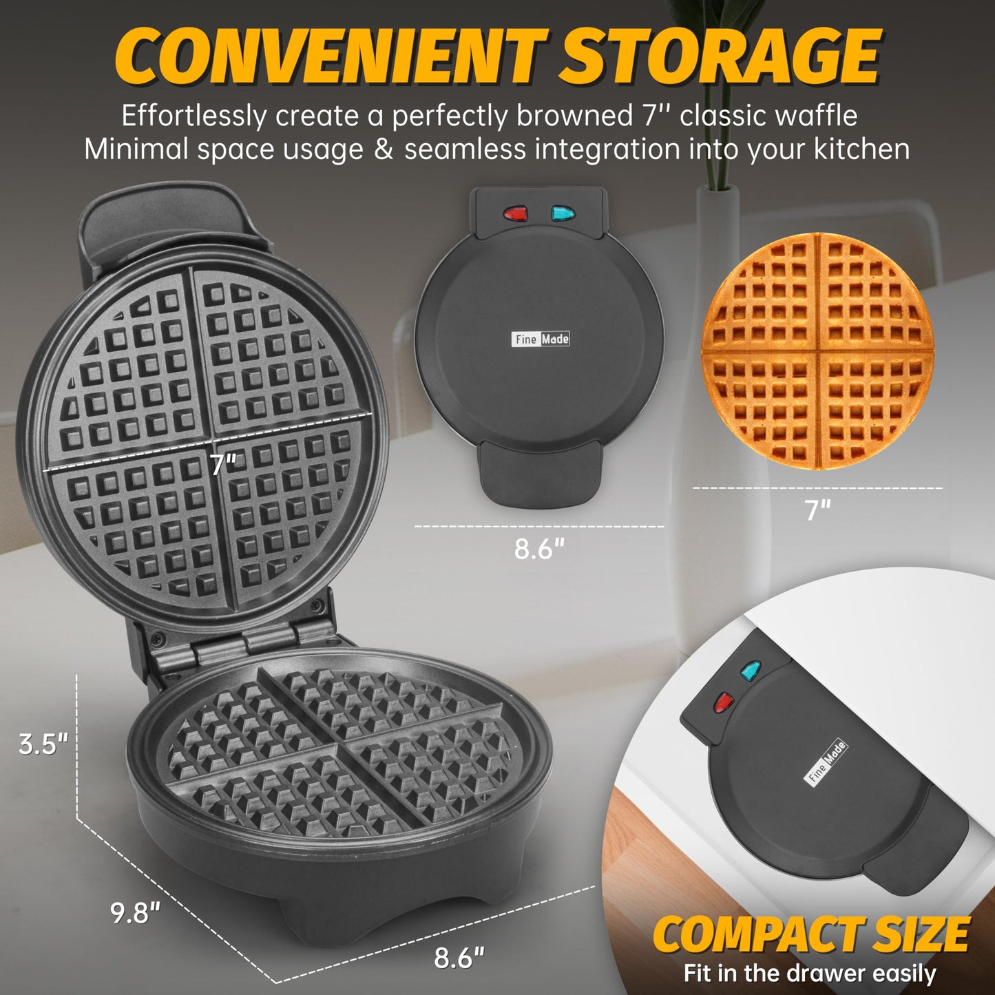FineMade 7 Inches Round Classic Waffle Maker Machine, Mini Waffle Maker, Non-stick Waffle Irons, Thin Waffle Maker Crispy, Black