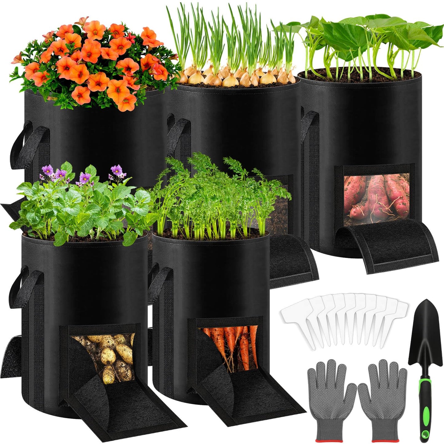 Lezmarket 5 Pack 10 Gallon Potato Grow Bags, Nonwoven Fabric Garden Planters with Reinforced Handle, Large Pots for Potato, Vegetable and Outdoor Plants
