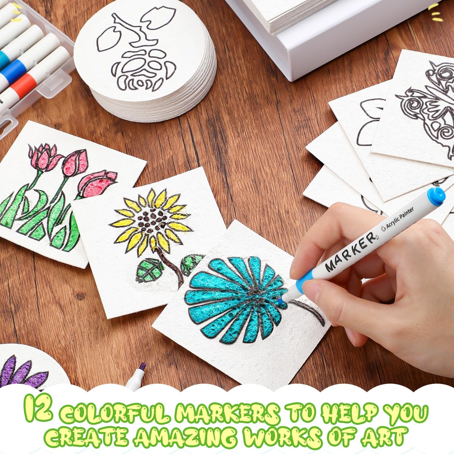 Maitys 65 Pcs Pre-Designed Magic Foam Texture Paper Painting Kit, 3 x 3'' White Foam Texture Paper with Colors Marker Water Brushes for 3D Craft Drawing DIY(Flower and Bird)