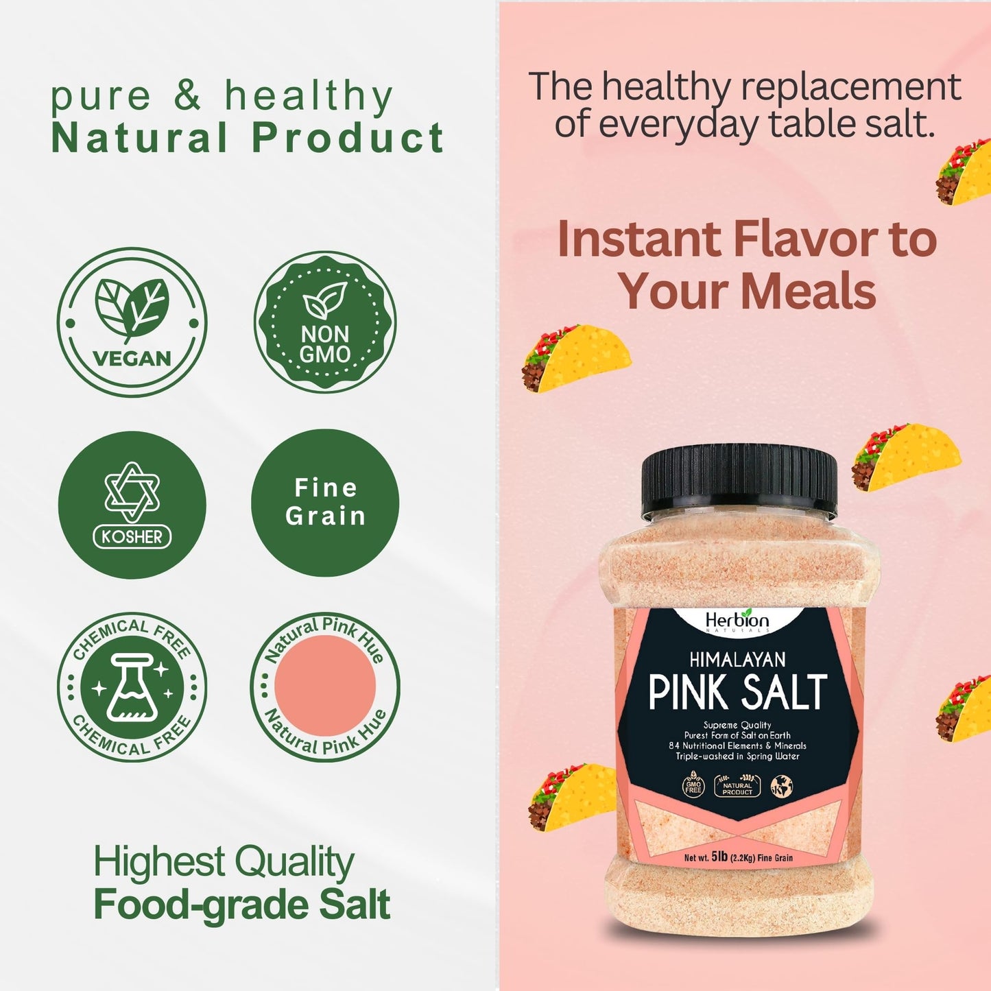 Herbion Naturals Premium Himalayan Cooking Essentials – Pink Salt 5 lbs & Salt Grinder Bottle | Mineral-Rich Seasoning, Pantry Staple & Fresh-Grind Flavor | 2-Piece Bundle