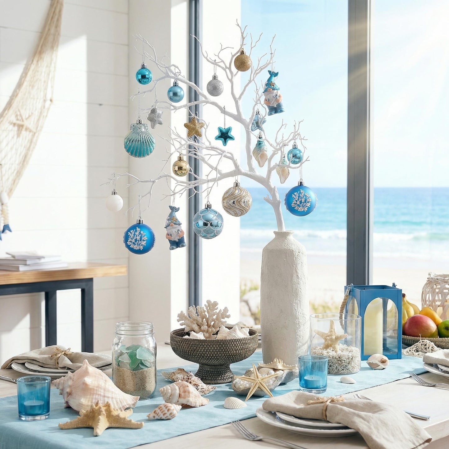 Valery Madelyn Summer Tree Ornaments, 30ct Teal Aqua Blue Shatterproof Beach Coastal Decor, Ocean Themed Christmas in July Tree Decorations, Hanging Gnome Seashell Conch Shell Coral for Tropical Party