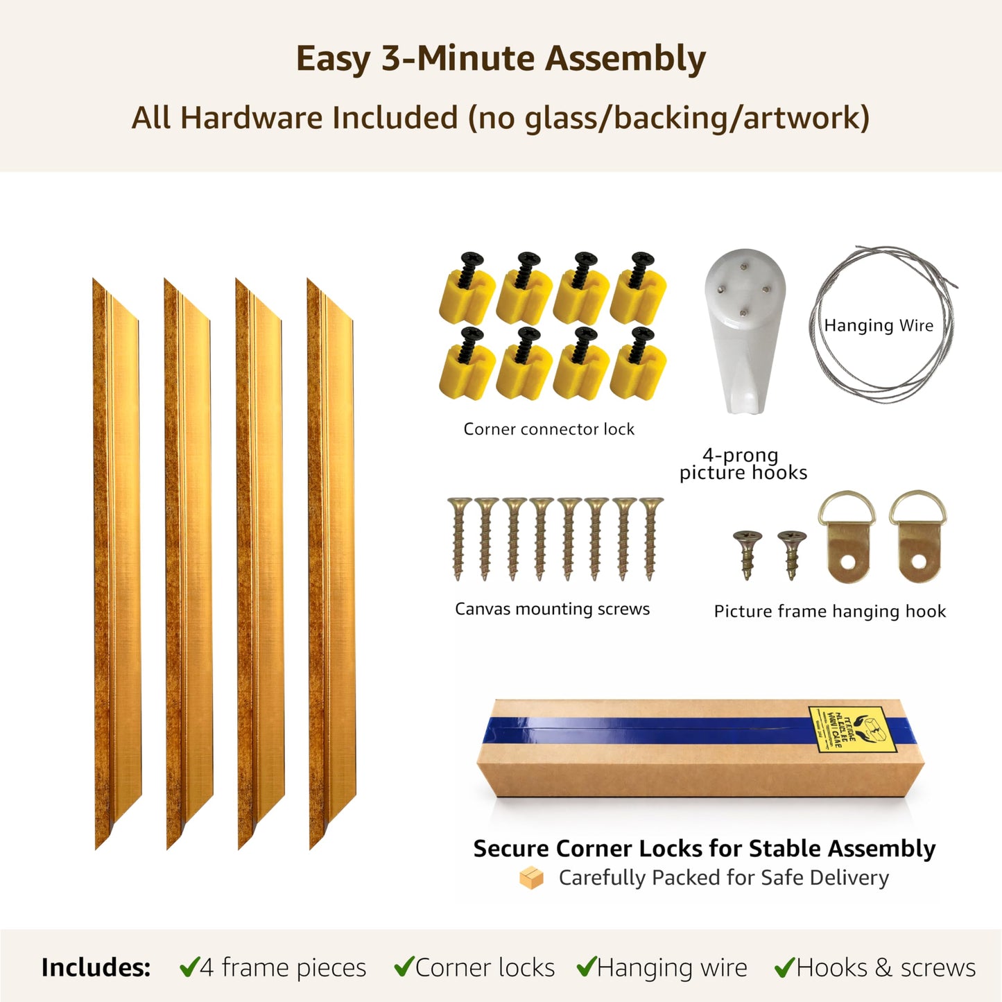 LONG QUAN 16x20 Floating Canvas Frame Kit for 3/4" Deep Canvas, Easy DIY Assembly, Gold Floater Frame for Paintings, Canvas Prints, and Wood Canvas Panels, Durable High-Density PS, Gallery Home Décor