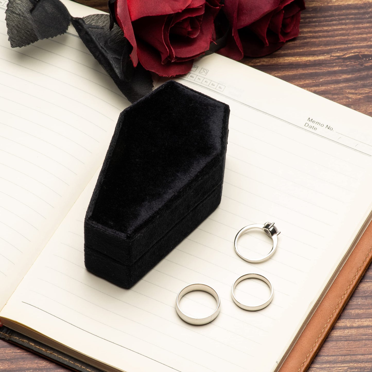 Giftop Velvet Coffin Ring Box Case Holder 3 Slots for Gothic Wedding Ceremony,Gothic Jewelry Organizer Decorations (Black)