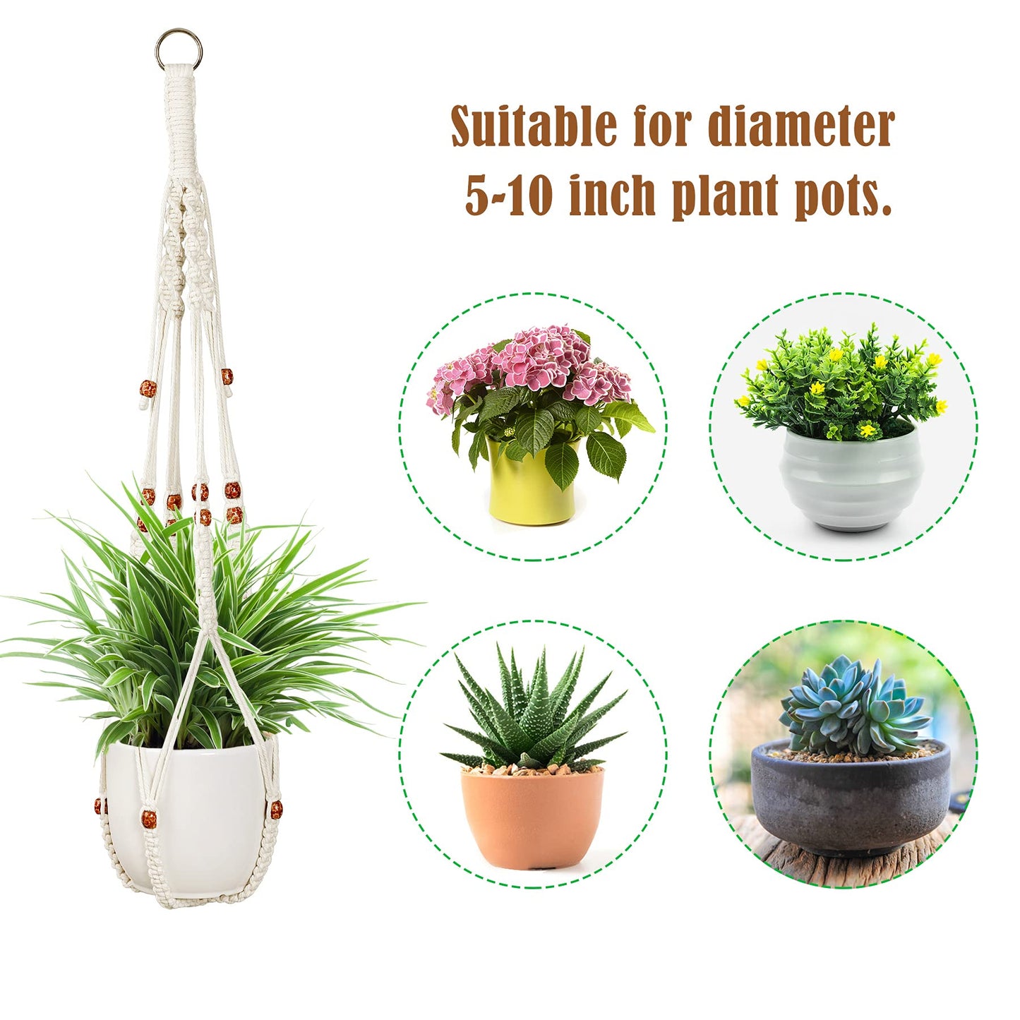 Augshy Macrame Hanging Planter, Set of 5 Plant Hanger Baskets, Handmade Flower Pot Holder for Home Indoor Outdoor Decor with 5 Pcs Ceiling Hooks(White)