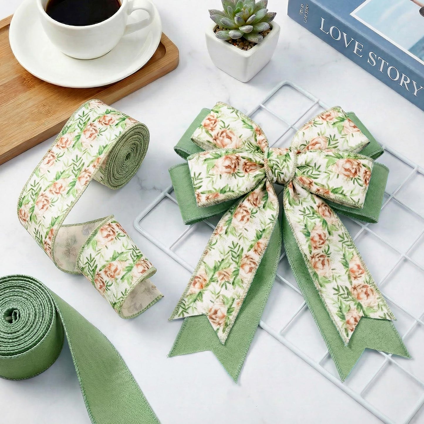 2 Roll 20 Yards Sage Green Floral Wired Edge Ribbon Watercolor Greenery Floral Fabric Ribbon for Spring Summer Wreath Bow Making DIY Crafts Wrapping Party.