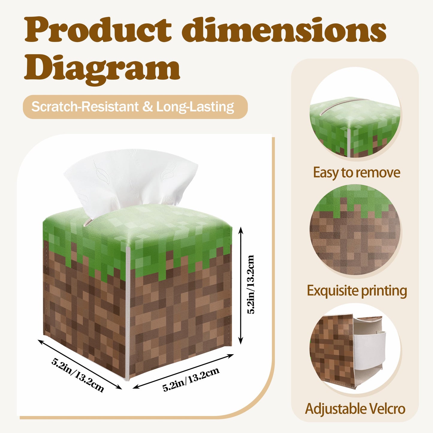 Pixel Grass Block Square Leather Tissue Box Cover – Pixel Theme Party Tissue Box Cover Holder Square, Pixelated Decor for Bathroom Nightstand Kitchen, Birthday Party Gift for Kids & Their Friends