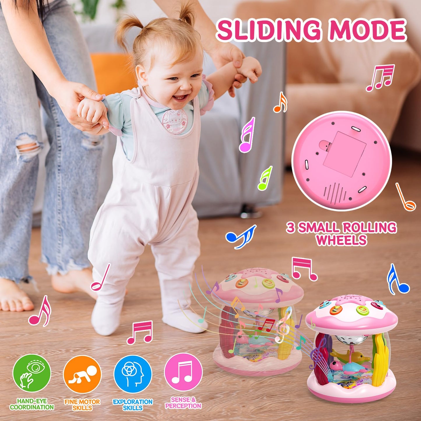Letapapa Baby Toys 6 to 12 Months, 4 in 1 Ocaen Rotating Projector, Tummy Time Light Up Musical Toys for 6 7 8 9 12-18 Months, Educational Birthday Gifts for Baby Infants 1 2 Year Old Girls(Pink)
