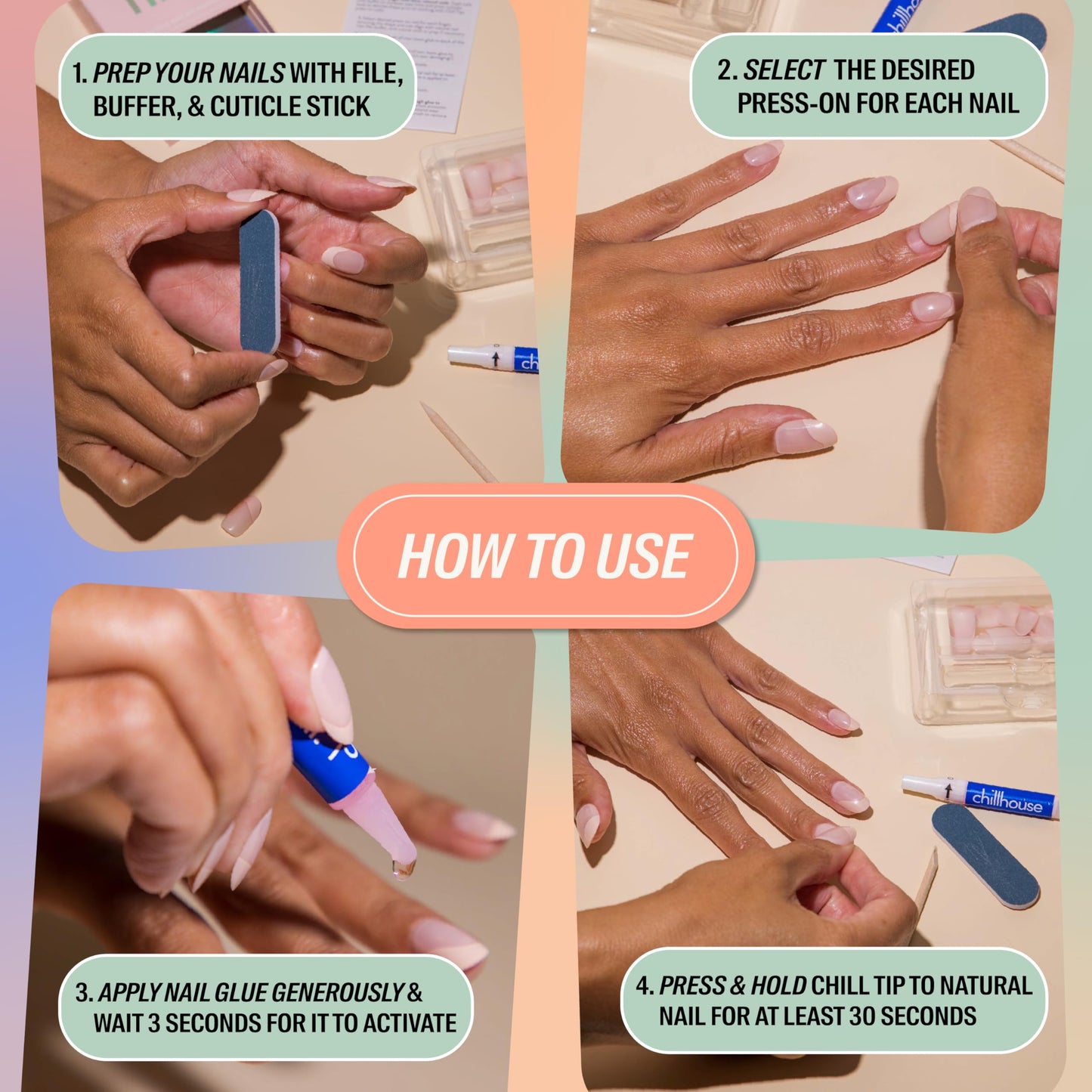 Chillhouse Chill Tips Signatures Press On Nails Kit, Through The Trees - 30 Nail Shapes & Sizes, Dual-Sided Buffer & File, Cuticle Stick & Glue - Long-Lasting Nail Art Manicures