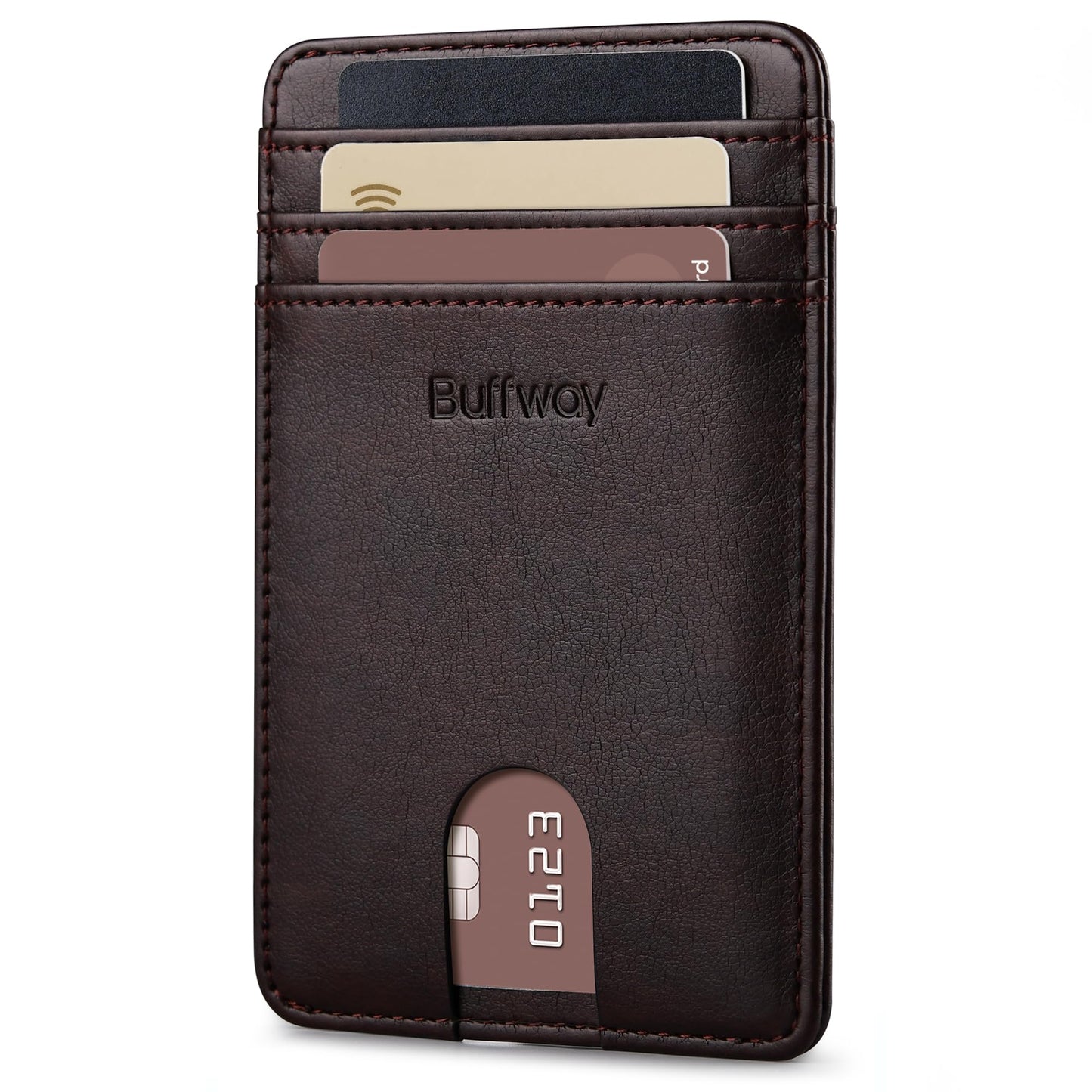 Buffway Mens Slim Wallet, Minimalist Thin Front Pocket Leather Credit Card Holder with RFID Blocking for Work Travel - Pebble Brown
