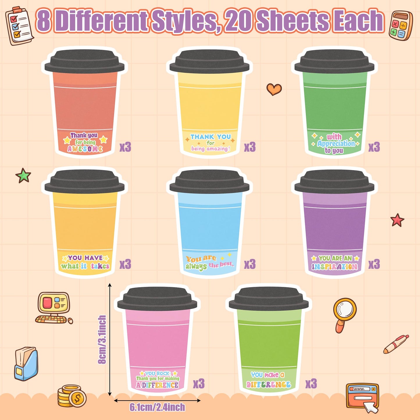 Xqumoi Employee Appreciation Coffee Cup Sticky Notes Set - 24 Set Coffee Self Sticky Writing Memo Pads Ballpoint Pens with Mesh Bag for Coffee Lover Staff Member Colleague Worker School Office Supply