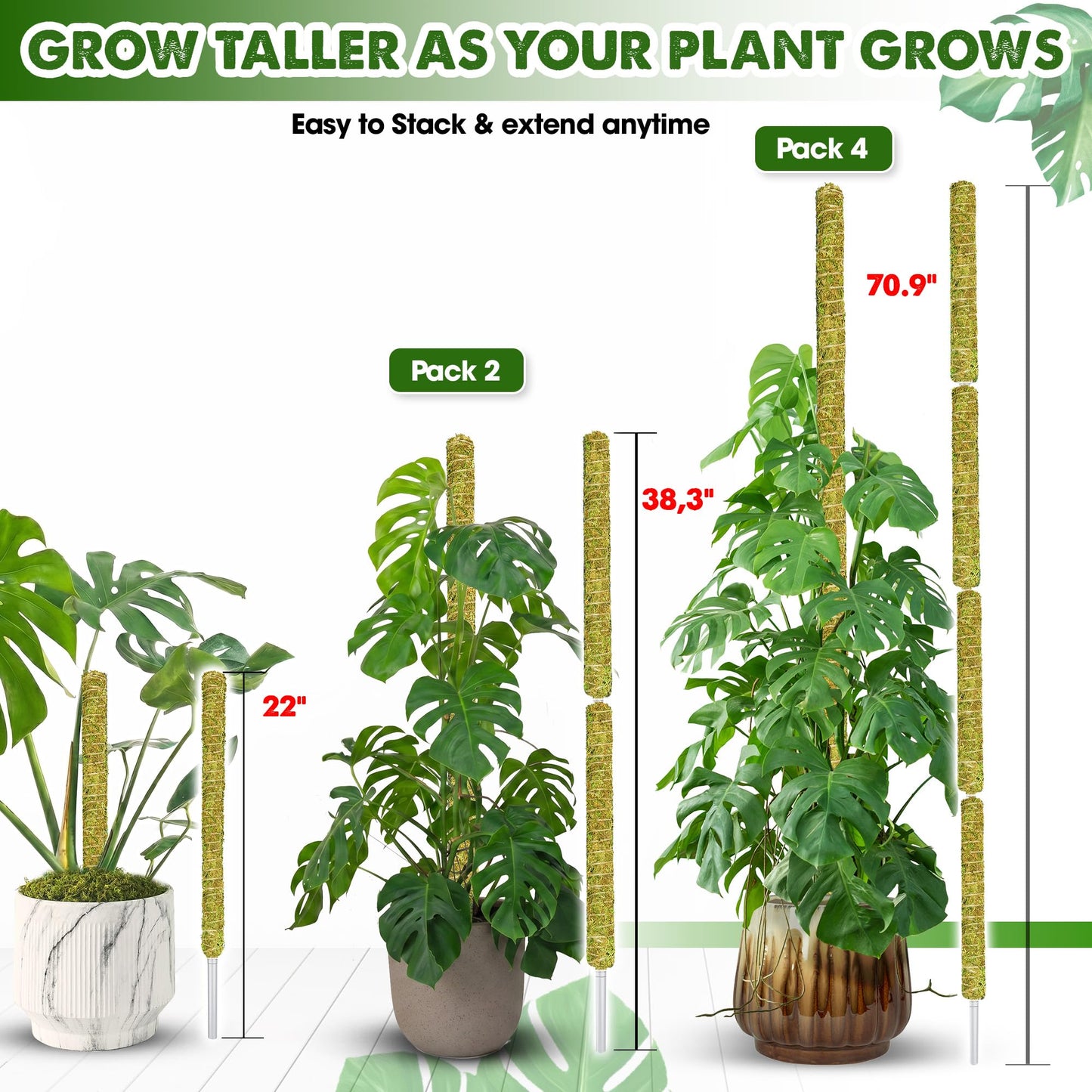 DUSPRO Natural Stackable Moss Pole for Plants Monstera, Forest Moss Sticks, Monstera Plant Support, Handmade Plant Stakes for Indoor Plants for Potted Plant to Grow Upward 02 pcs 22''