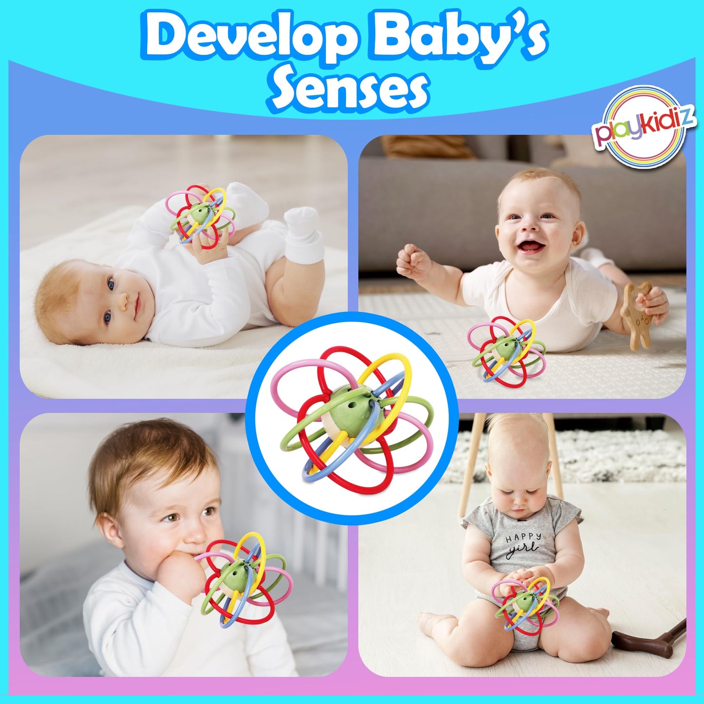 Playkidiz Rattle & Sensory Teether Toys for Babies, Multicolour Soft Teething Tube, Easy to Clean, Developmental Baby Toys 0-6 Months