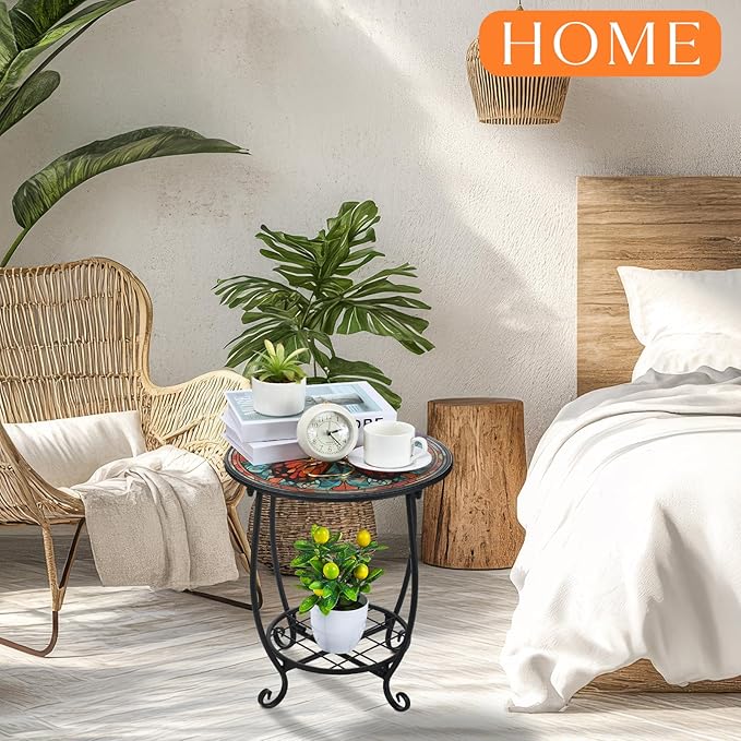 Outdoor Side Table Round Small Mosaic Patio Accent Indoor End Plant Coffee Tea Table for Yard Patio Porch Garden Living Room, Bedroom(Butterfly B Style,16 Inch)