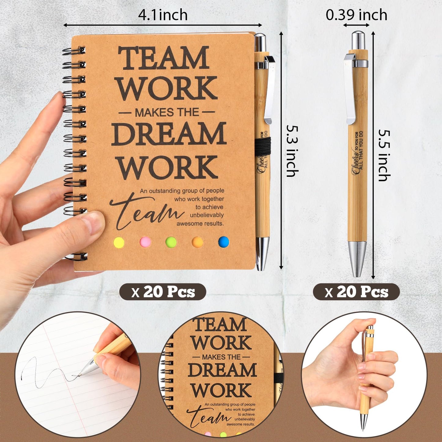Skyygemm 20 Sets Employee Appreciation Gifts Spiral Notebook Journal with Sticky Notepad Index Tabs Thank You Gifts Notepad with Bamboo Pen Bulk for Teacher Cna Nurse Coworker(Team Appreciation)