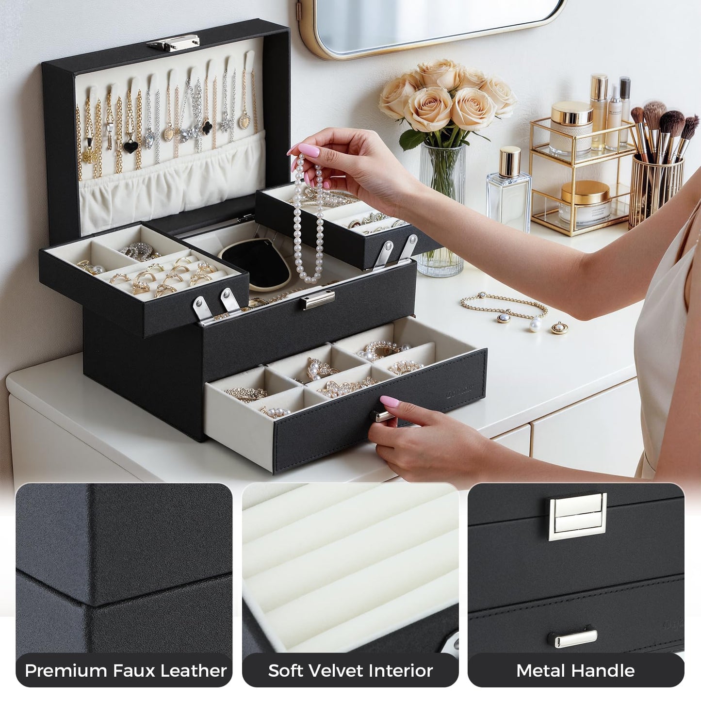 Dajasan Jewelry Organizer Box, Large Jewelry Boxes for Women Girls, Space-Saving 3 Layers Jewelry Storage Case with Drawer, Movable Metal Stand, Modern, Gift Idea (Black)