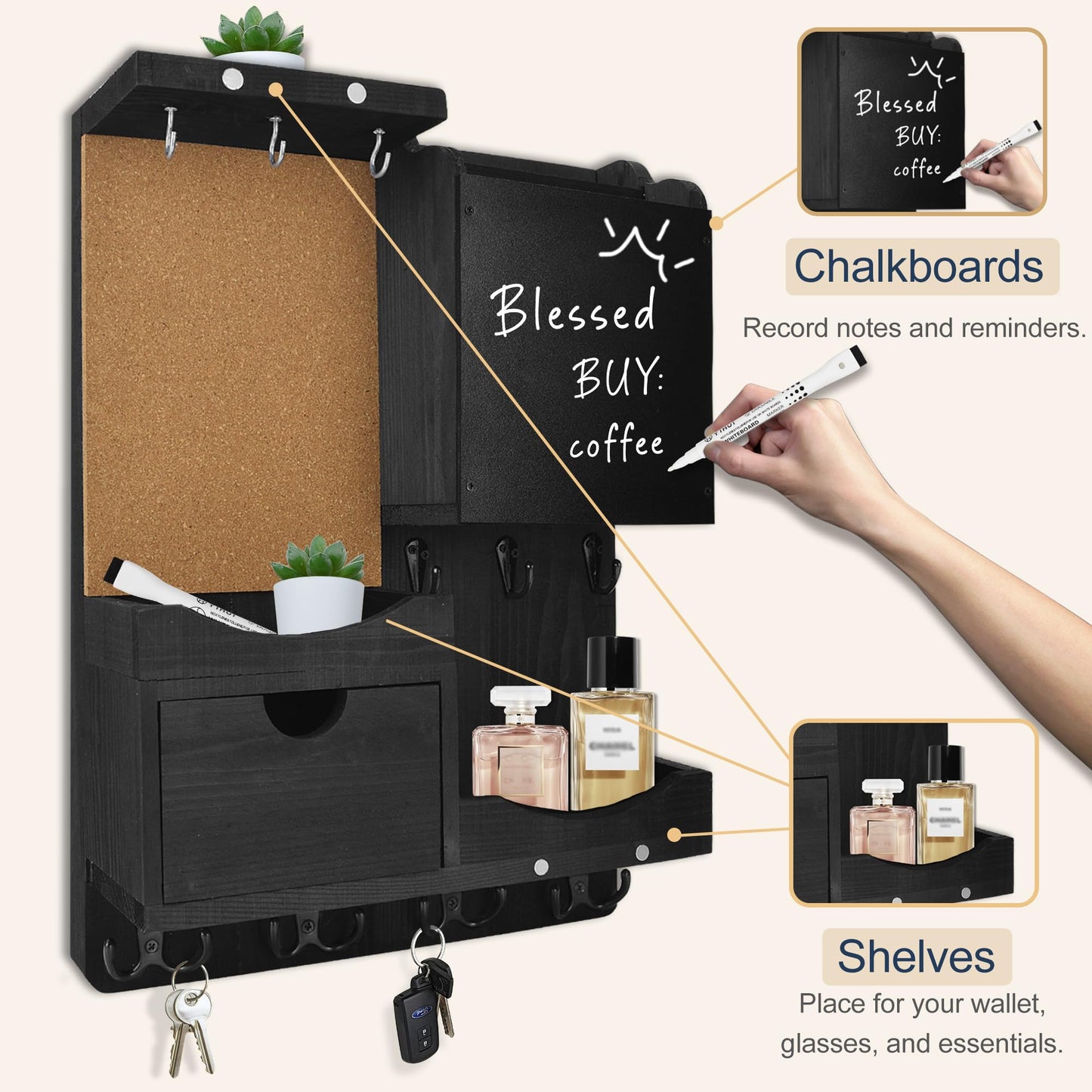 HEKOOLA Key Holder Wall Mount, Mail Organizer Key Holder for Wall with Shelf, Drawer, Chalkboard, Corkboard, Home Decor Mounted for Room Entryway (Black)