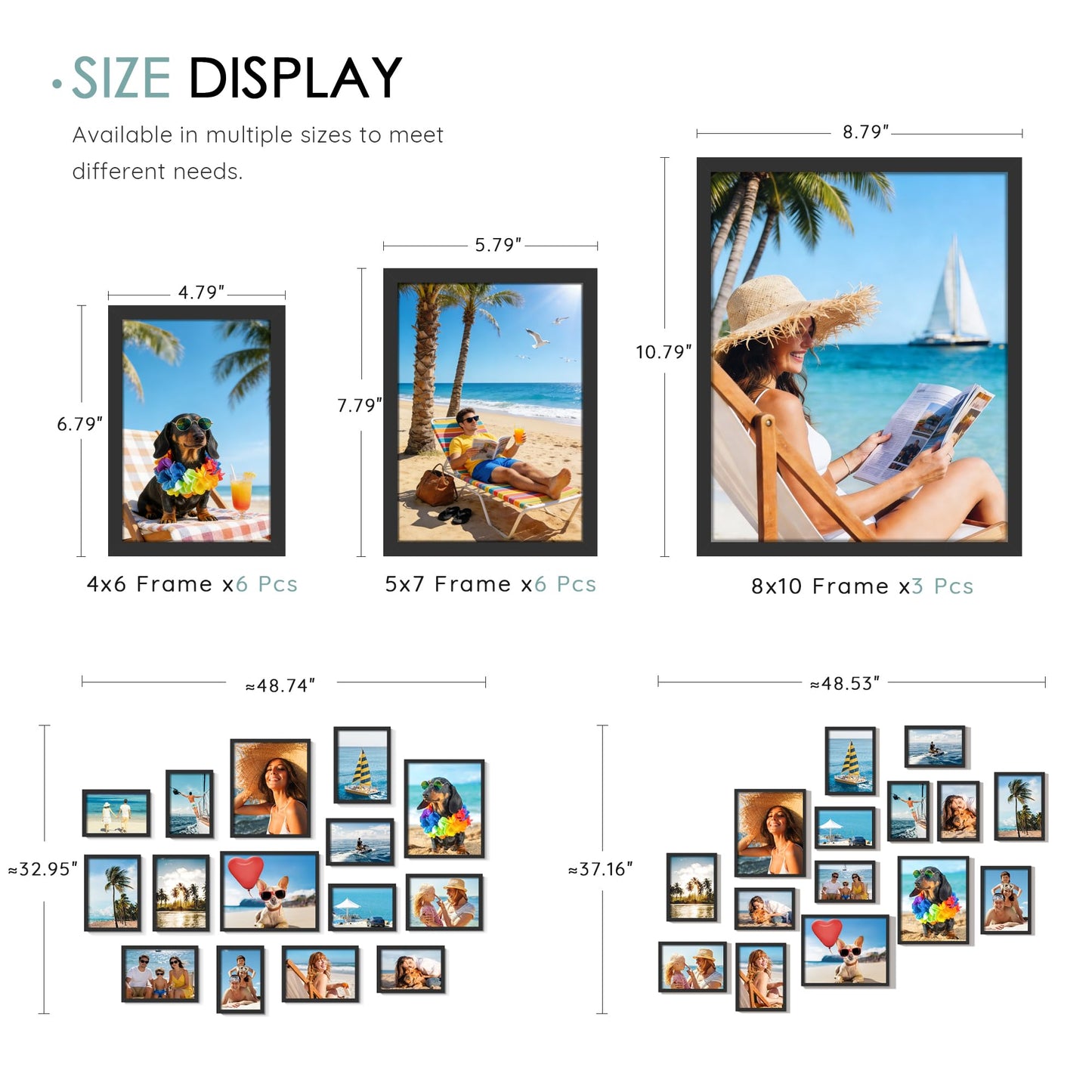 DUENPY 15 Pack Picture Frames Collage Wall Decor, Black Frame Set with 3pcs 8x10, 6pcs 5x7, 6pcs 4x6 for Gallery Display, Wall Mounting & Tabletop, Bulk Photo Frames for Living Room Decor
