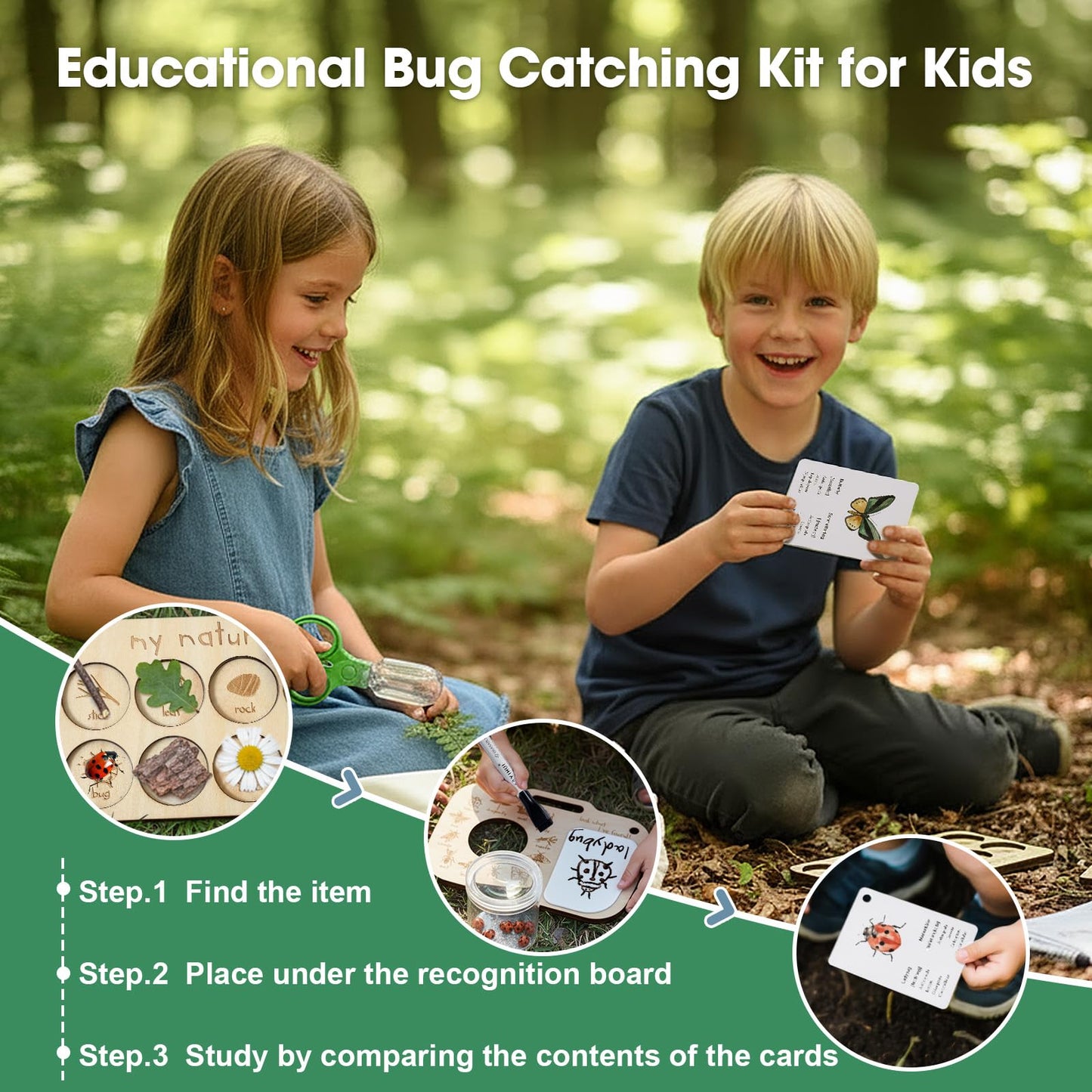 Bug Catcher Kit for Kids, Bug Catching Kit with Bug Box, Learning Cards & Observation Board, Outdoor Toys Scavenger Hunt Play Set, Adventure Set for Backyard & Camping Fun Gift for Girls Boys