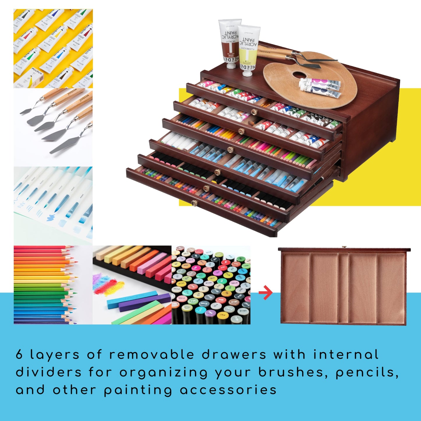 MEEDEN 6-drawer Wood Artist Supply Storage Box, Portable Beechwood Multifunctional Pencil Brush Organizer Wood Box with Drawer&Compartments for Pastels, Pencils, Pens, Makeup Brushes(Deep Walnut)