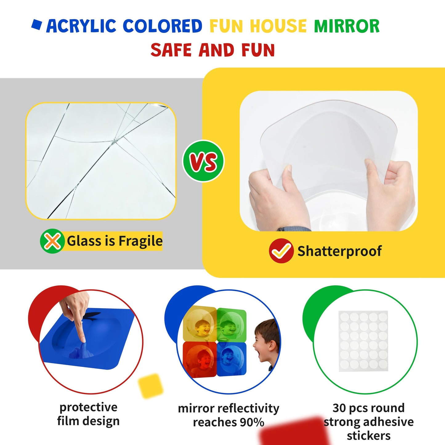 Whimtoyland 4 Pcs Sensory Wall Mirror Acrylic Bubble Mirror Wall Decoration for Kids Classroom Kindergarten Sensory Room Science Classroom Decompression Space (10 x 10 Inch,Red,Yellow,Green,Blue)