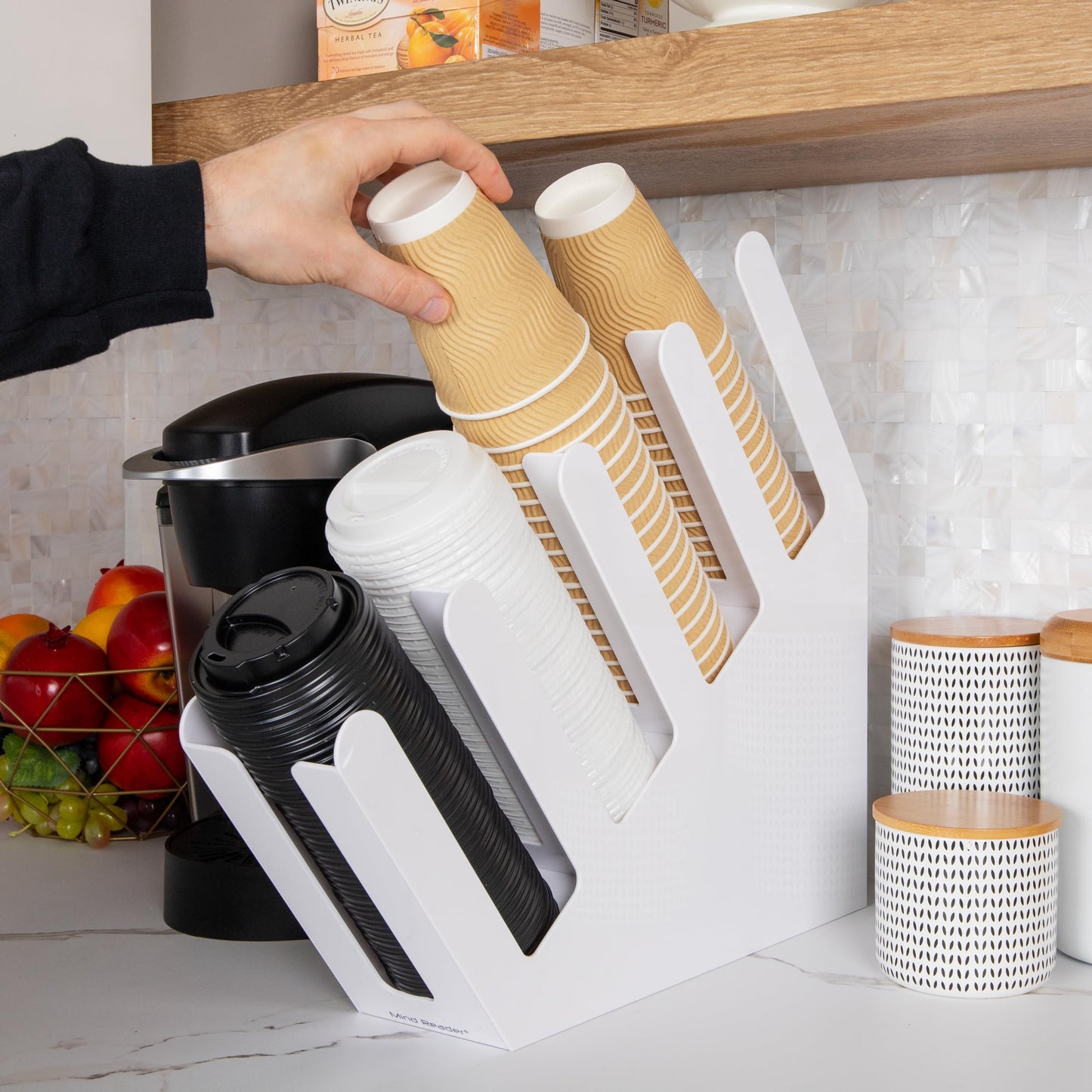Mind Reader Cup and Lid Dispenser, Countertop Org, Coffee Bar, Beverage Cup, Kitchen, Breakroom, 4"L x 18"W x 16"H, White