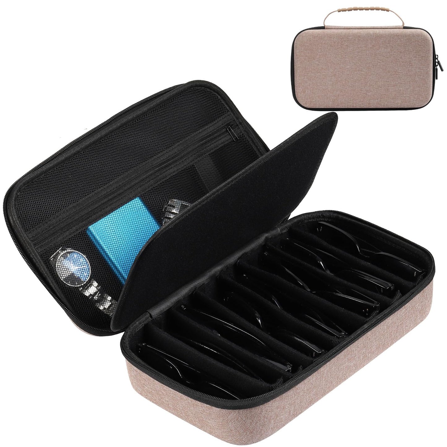 AUTOARK EVA Hard Shell Travel Eyeglasses Case,7 Adjustable Dividers,Holds 8 Glasses,Felt Lining,Fits Large Sunglasses,Zipper Closure Storage Box for Men/Women,Brown,MKAW023