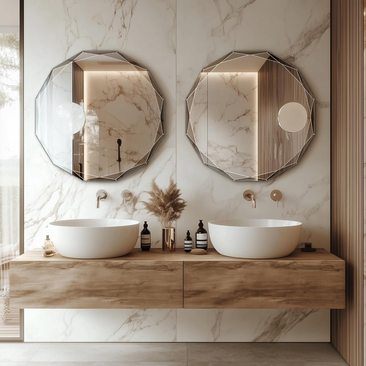 Bathroom Mirror for Wall, 24" x 24" Circle Bathroom Vanity Mirror, Beveled Edge Frameless Wall Mount Vanity Mirror, Decorative Round Irregular Beveled Edge