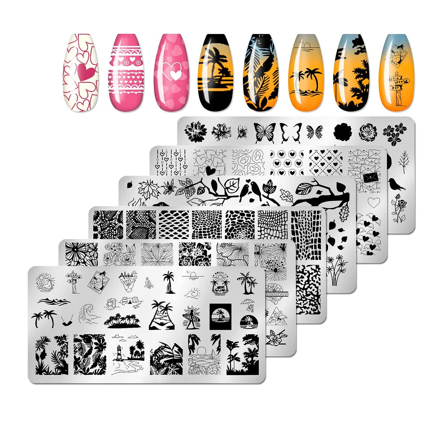 JERCLITY 6pcs Nail Art Stamping Kit Nature Nail Stamping Plates for Nails Butterfly Love Heart Beach Flower Snake Image Plates for Holiday