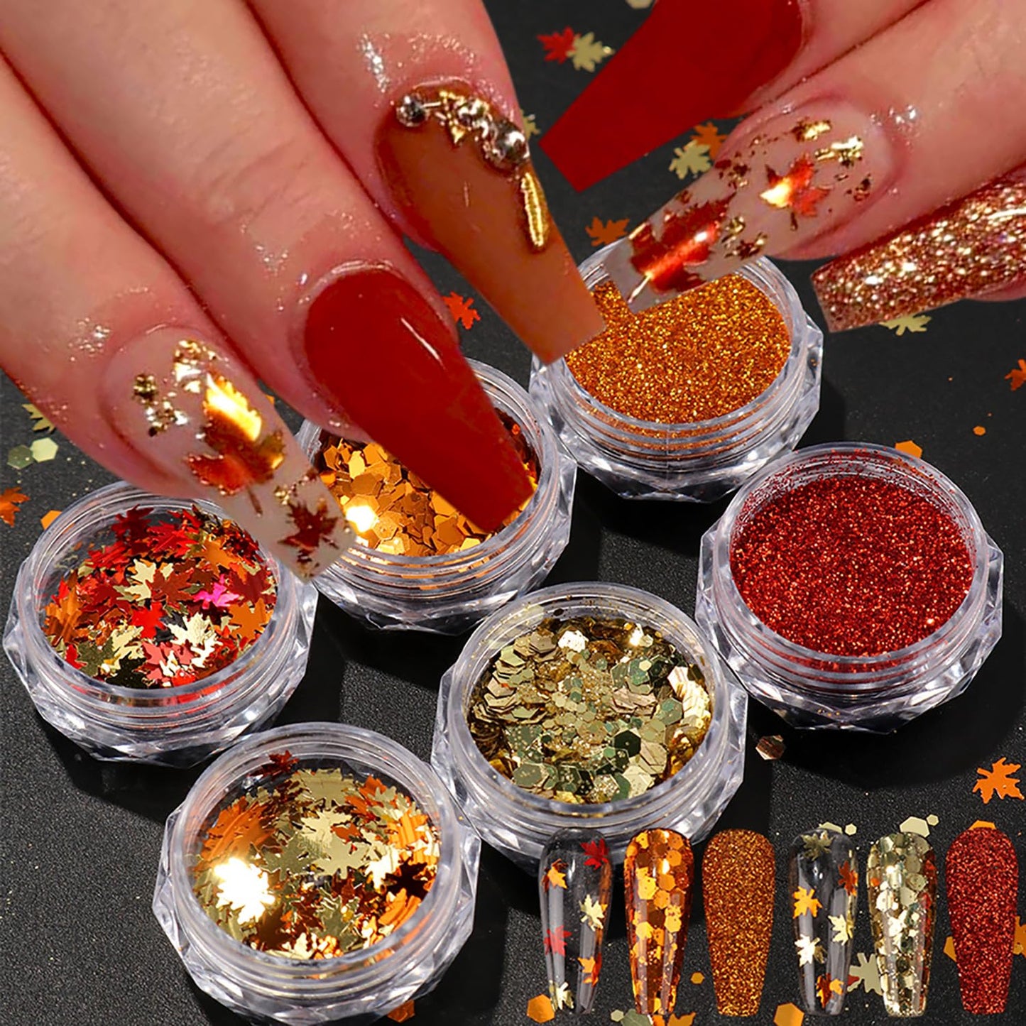 Thanksgiving Fall 3D Maple Leaf Nail Art Glitter Sequins, Mixed Red & Orange Nail Glitter Powder Polygons Sequins Fall Nail Decals for for Women Nail Decorations Supplies DIY Manicure Accessories