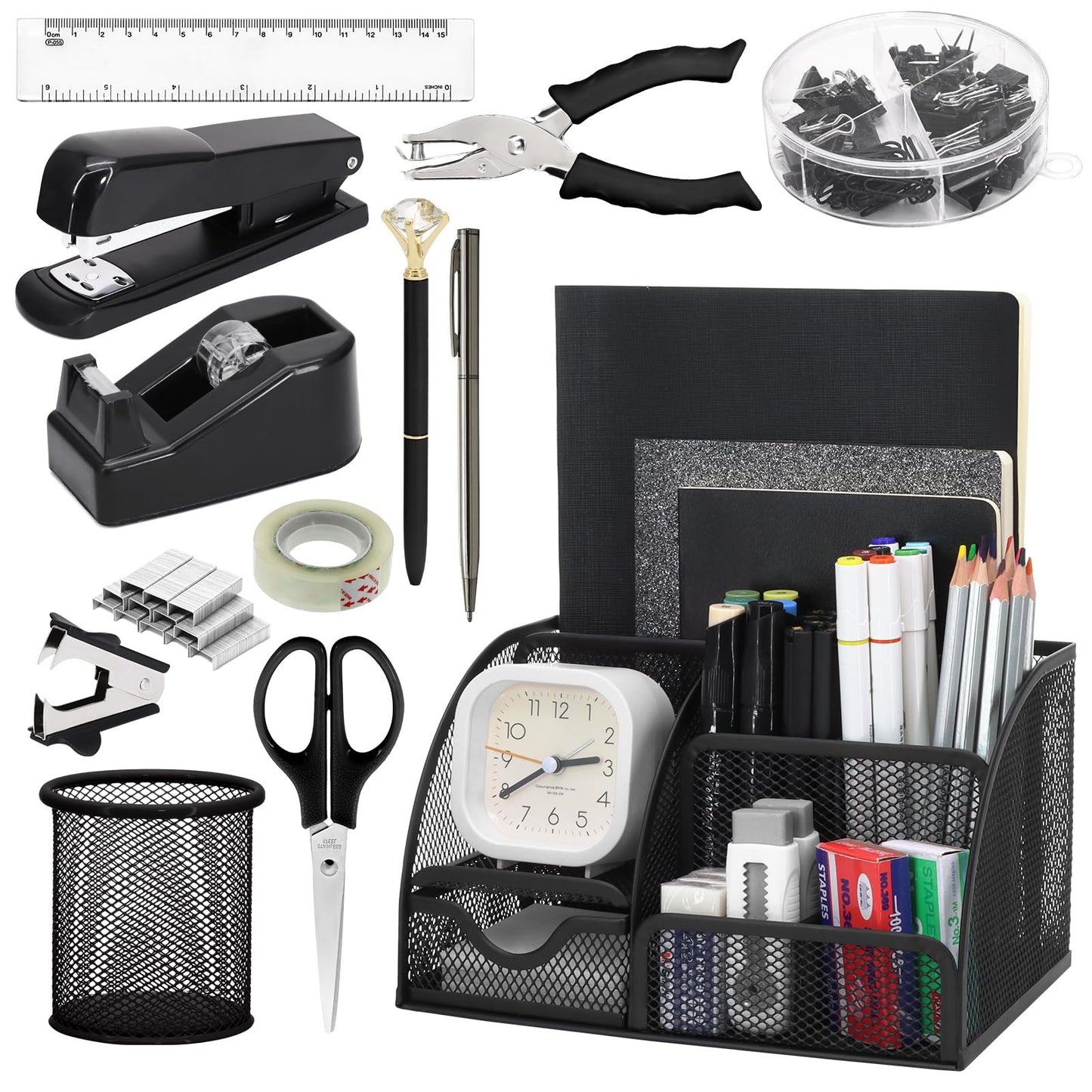SYMDROMIA 13-in-1 Office Desk Organizer Set with Stapler and Tape Dispenser, Pen Holder, Scissors, Ruler, Hole Punch, 2 Pens & More Desktop Accessories for Back to School Supplies (Black)