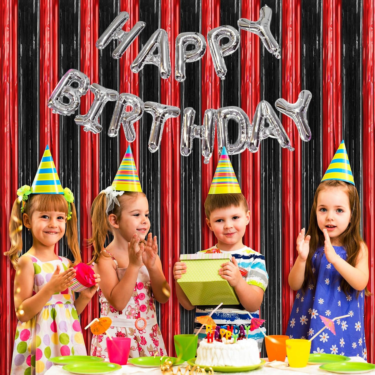 Red & Black Metallic Foil Fringe Curtains – 3 Pack Party Streamers (3.2x8.2 ft)