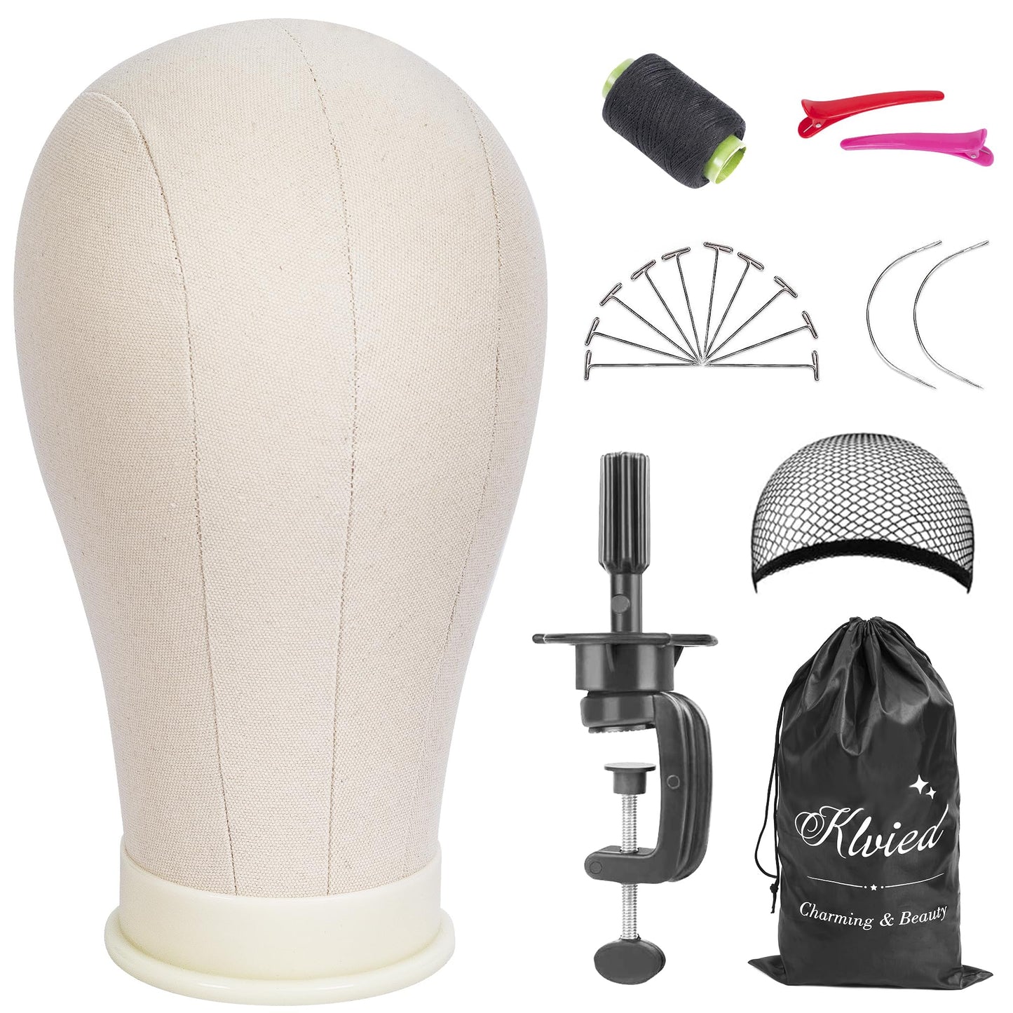 Klvied 22 Inch Cork Canvas Block Head Mannequin Head for Wigs, Wig Head Stand for Display Styling Wigs Making Kit ，Including Doll Head Storage Bag