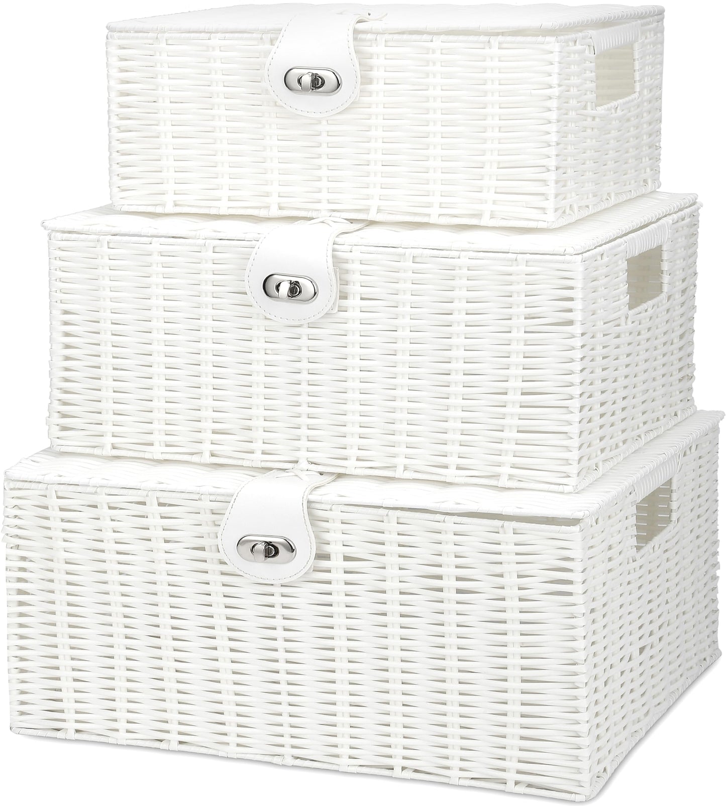 Honygebia White Wicker Storage Baskets - Set of 3 Decorative Nesting Boxes with Lids, Woven Basket with Lock & Handle, Organizer for Beauty Makeup Bathroom Decor