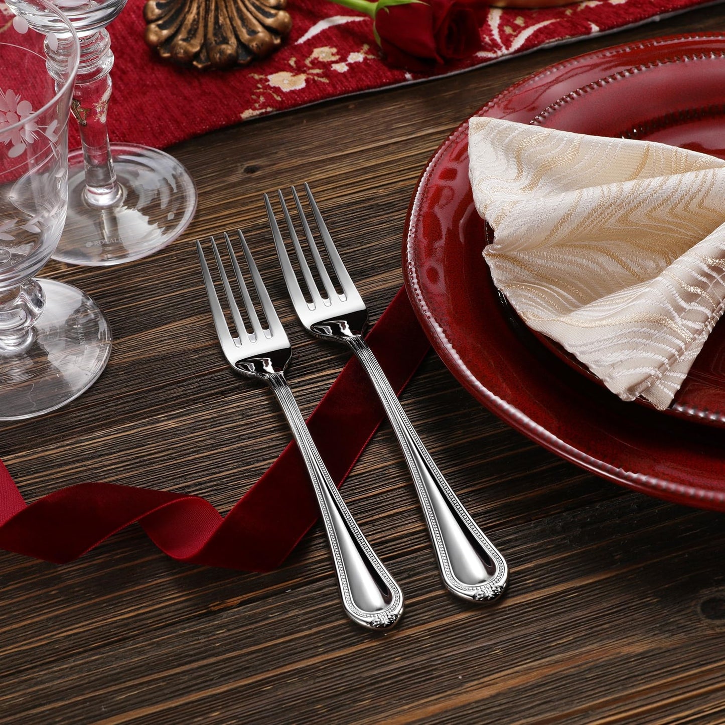 KEAWELL Pearl Edge 4-Piece Premium Fork Set, 18/10 Stainless Steel, Fine Silverware with Mirror Finish, Dishwasher Safe (4, 8" Dinner Forks)