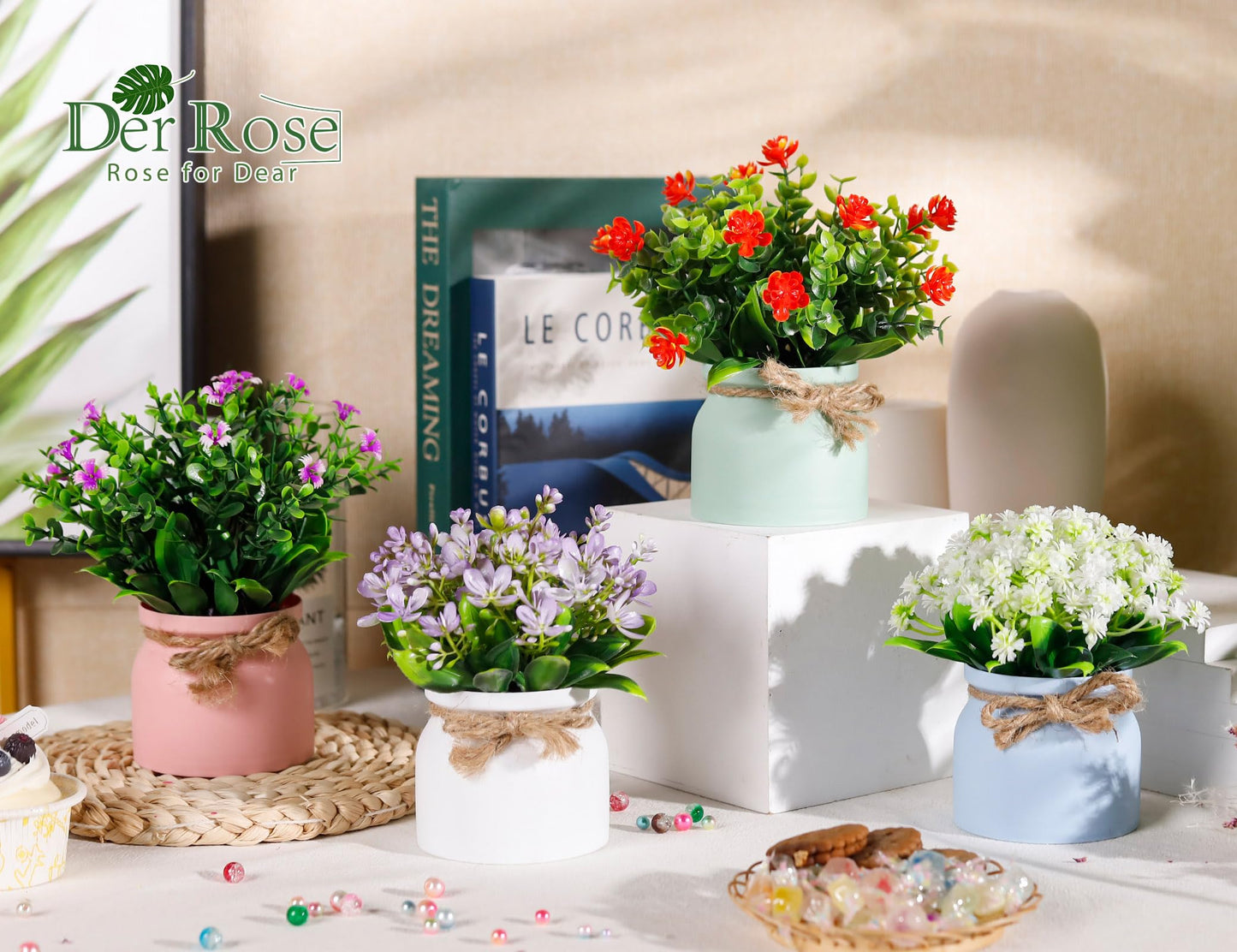 Der Rose 4 Pack Fake Flowers Small Artificial Faux Plants Indoor Summer Spring Decor for Centerpiece Table Decorations Home Office Desk Wedding Apartment Decor