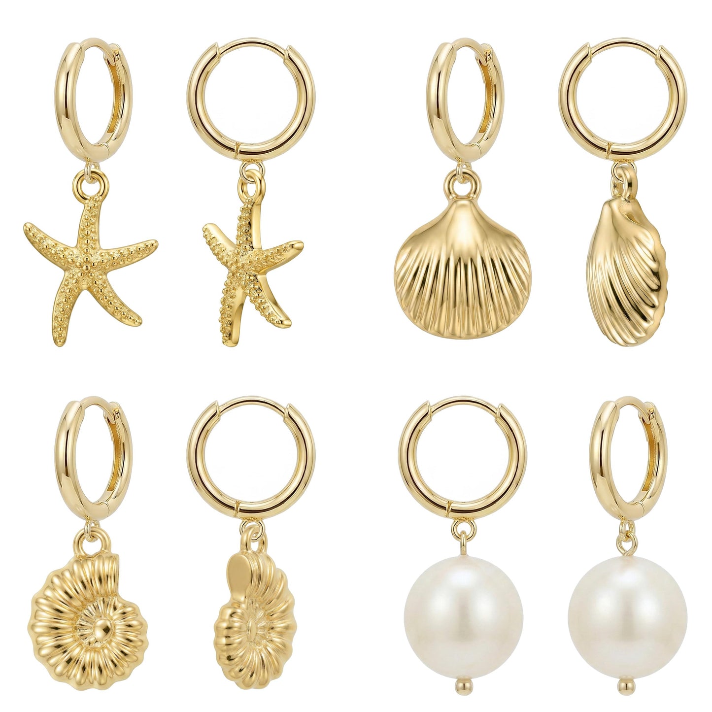 ZYIJUNY 4 Pairs Huggie Hoop Beachy Earrings Set for Women, 14K Gold Plated Ocean Elements Hoop Dangle Drop Earring - Shell/Starfish/Conch/Pearl Earrings- Minimalist Summer Beach Jewelry Gift