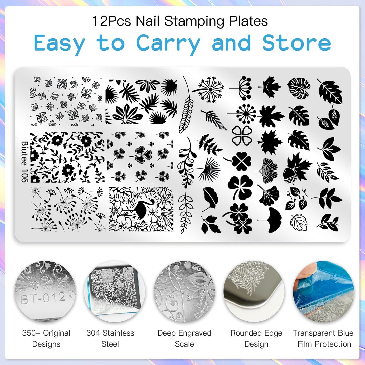 Biutee Nail Stamping Plate 16Pcs Nail Stamper Kit 12Pcs Nail Art Stamp Plates with Silicone Stamper, Scraper & Storage Bag, Stamping Plates Star Plaid Flower Butterfly Template Holiday Design Gift