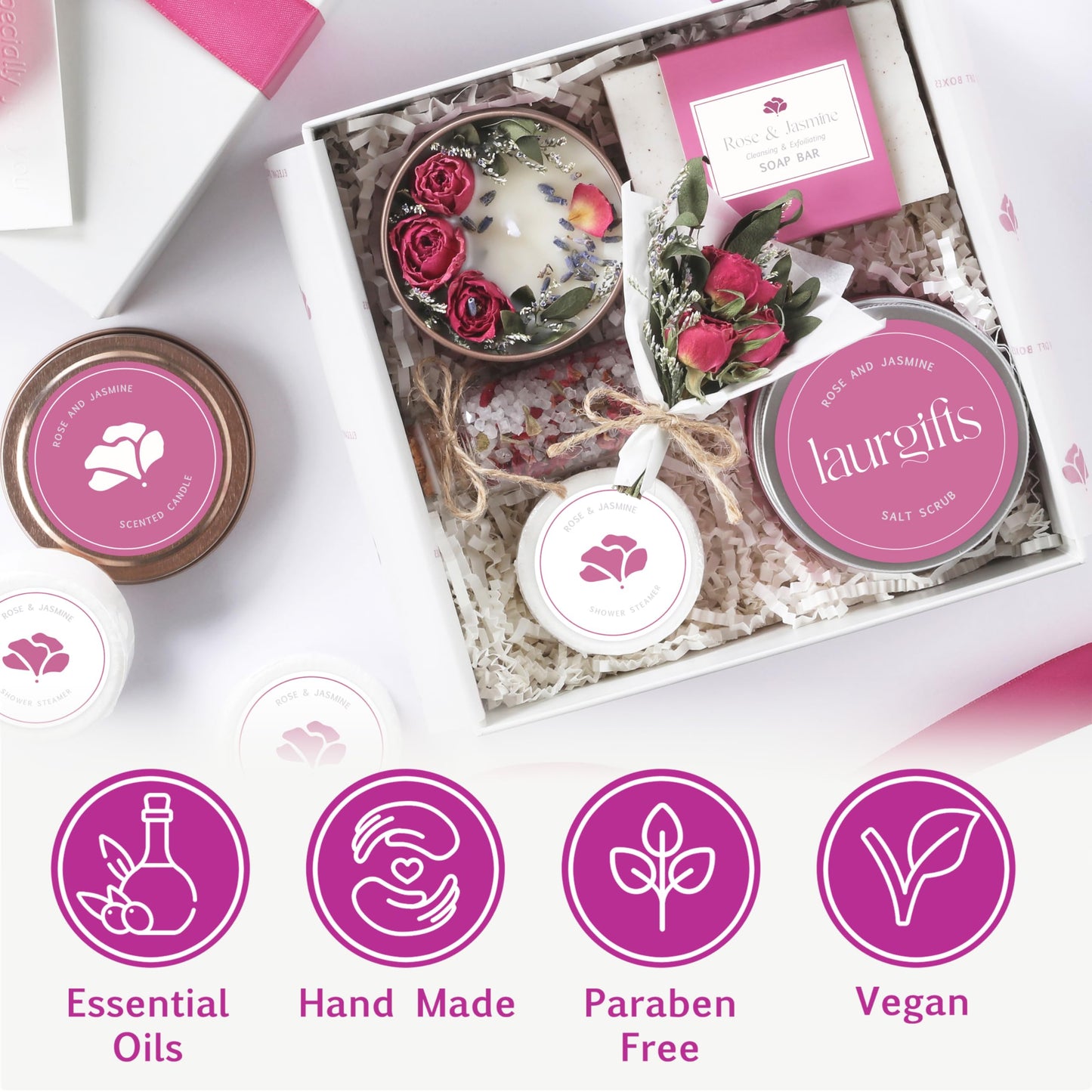 Mothers Day Spa Gift Set for Women – Rose & Jasmine Candle Gift Set with Bath Treats, Relaxing Self Care Basket, Birthday Gift for Mom or Friend