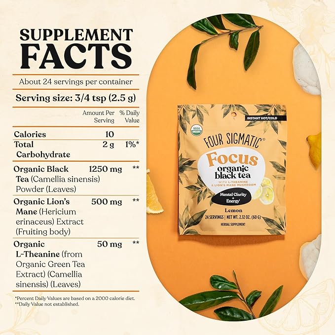 Four Sigmatic Think Organic Black Tea | Instant Lemon Tea w/Lion's Mane & L-Theanine for Mental Clarity & Focus | Organic Herbal Teas w/Adaptogens | Vegan, Gluten-Free | Lemon, 24 Servings