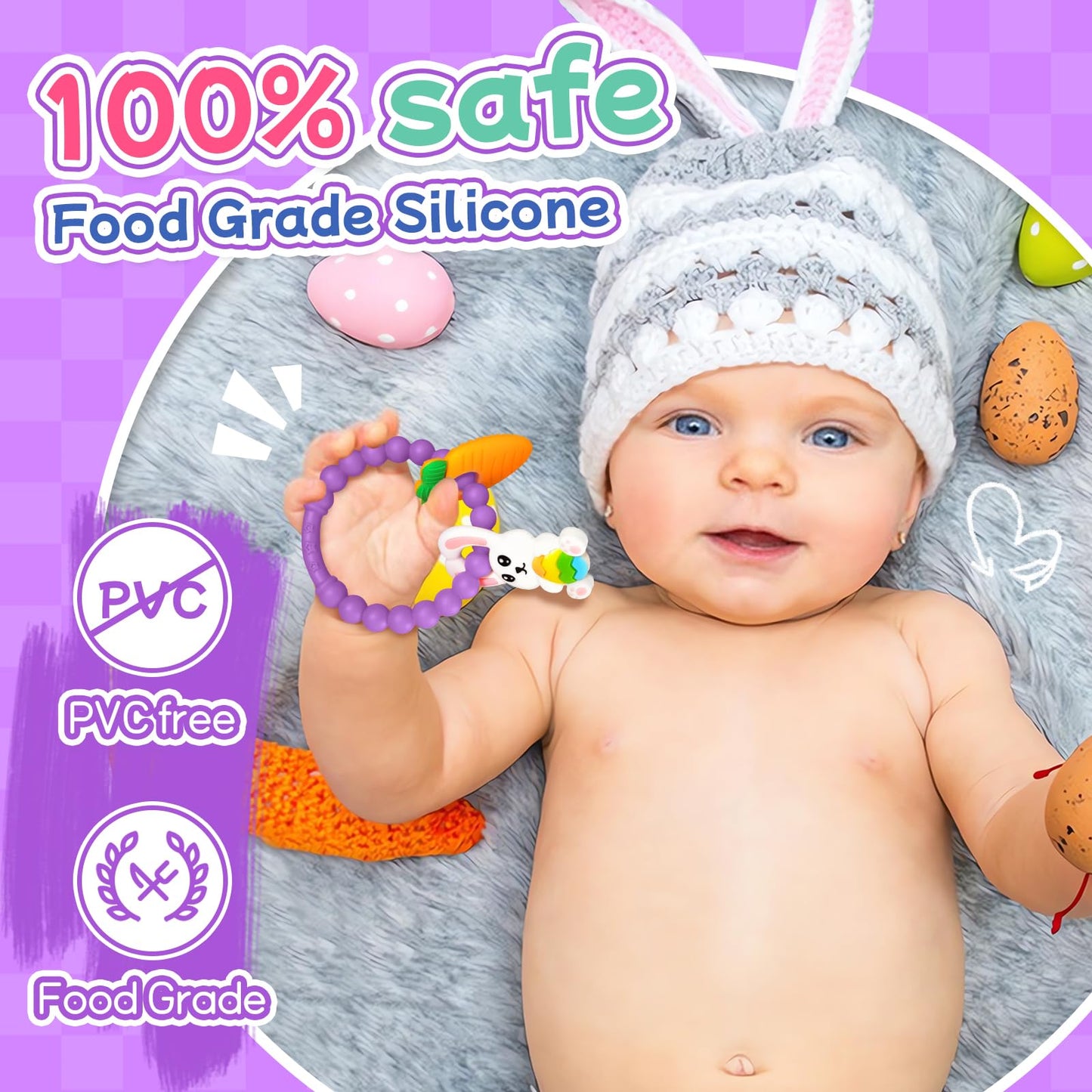 Teething Toys for Babies 3-6 Months, Tinabless Baby Easter Teether Silicone Chew Toys Easter Basket Stuffers for Baby 6-12 Months Infant Teething Toys Easter Gifts Boys Grils Bunny Carrot (Purple)