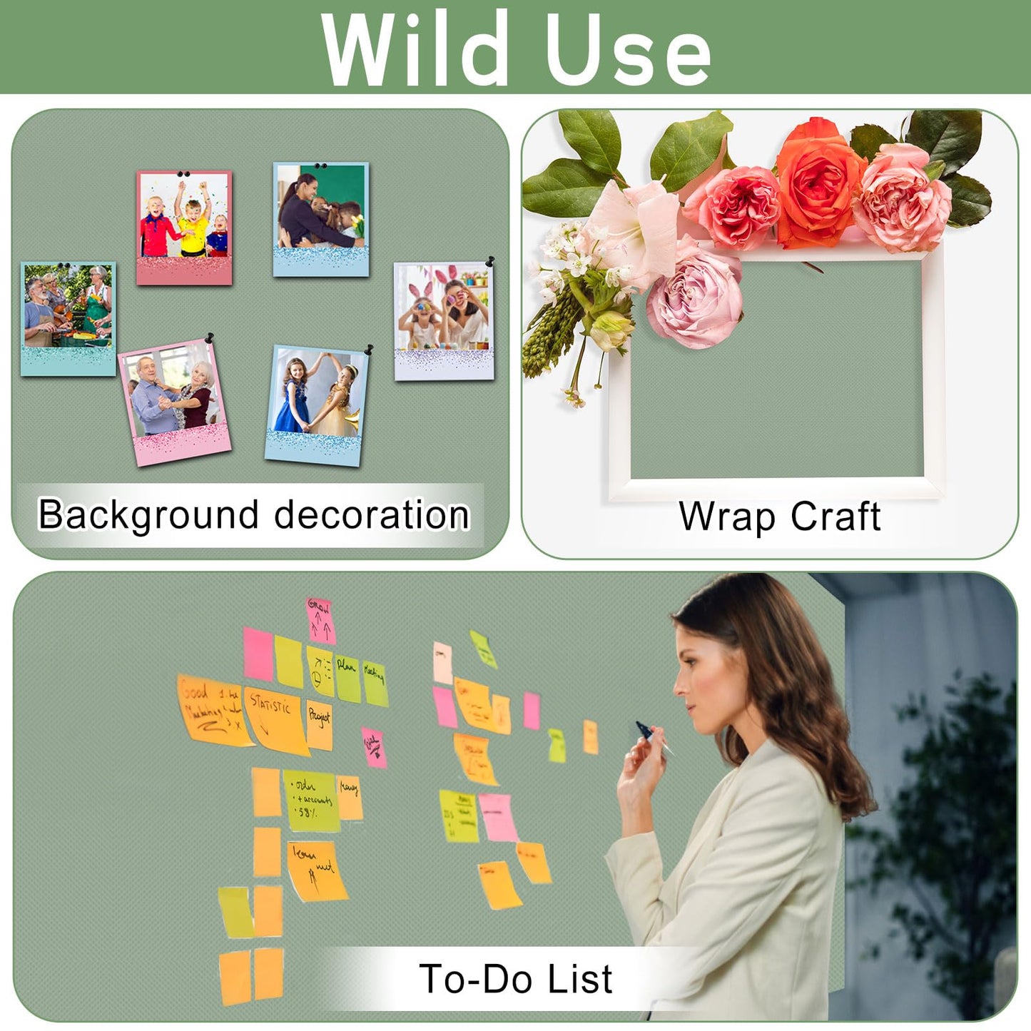 Sage Green Bulletin Board Roll Reusable Waterproof Erasable Bulletin Board Fade Resistant Wrinkle Resistant Poster Non-Woven Fabric Bulletin Board Roll for Classroom Decor Wrap Craft 15.55" x40ft