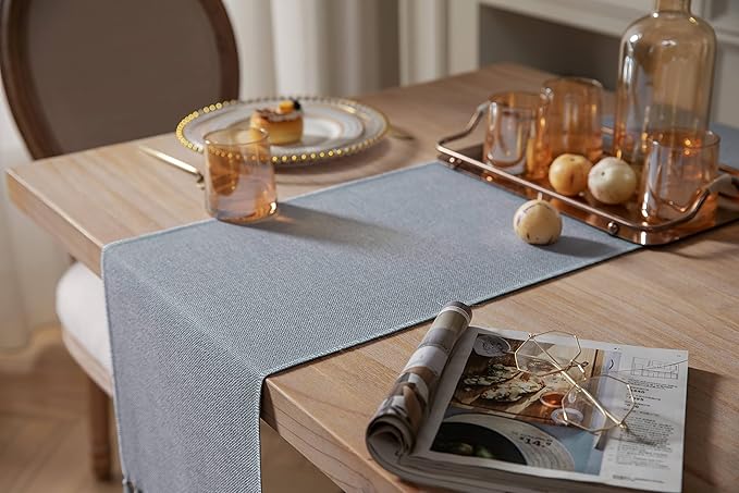 ZeeMart Dusty Blue Table Runners 60 Inches Long, Burlap Linen Style Rustic Farmhouse Table Runner, Boho Woven Dining Table Runner, 13x60 Inches, Light Dusty Blue