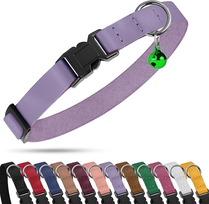 Breakaway Cat Collar with Bell - Leather Adjustable Kitten Collars with Safety Quick Release Buckle - Soft Small Pet Collars for Girl & Boy Cats (Green)