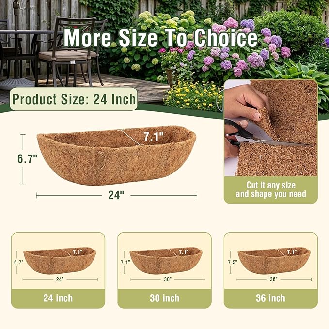 4 Pcs 24 Inch Trough Coco Liner for Window Box, 100% Natural Half Moon Coconut Coir Planter, Replaceable Coconut Fiber Liner for Window Boxes & Fence Flower Baskets (4, 24 inch)