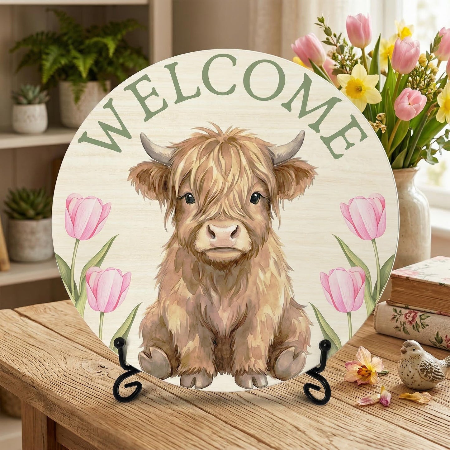 PATCATE Spring Tulip Table Decor for Home Office, 8-In Highland Cow Welcome Signs for Rustic Farmhouse Room Decor, Western Easter Gifts for Women