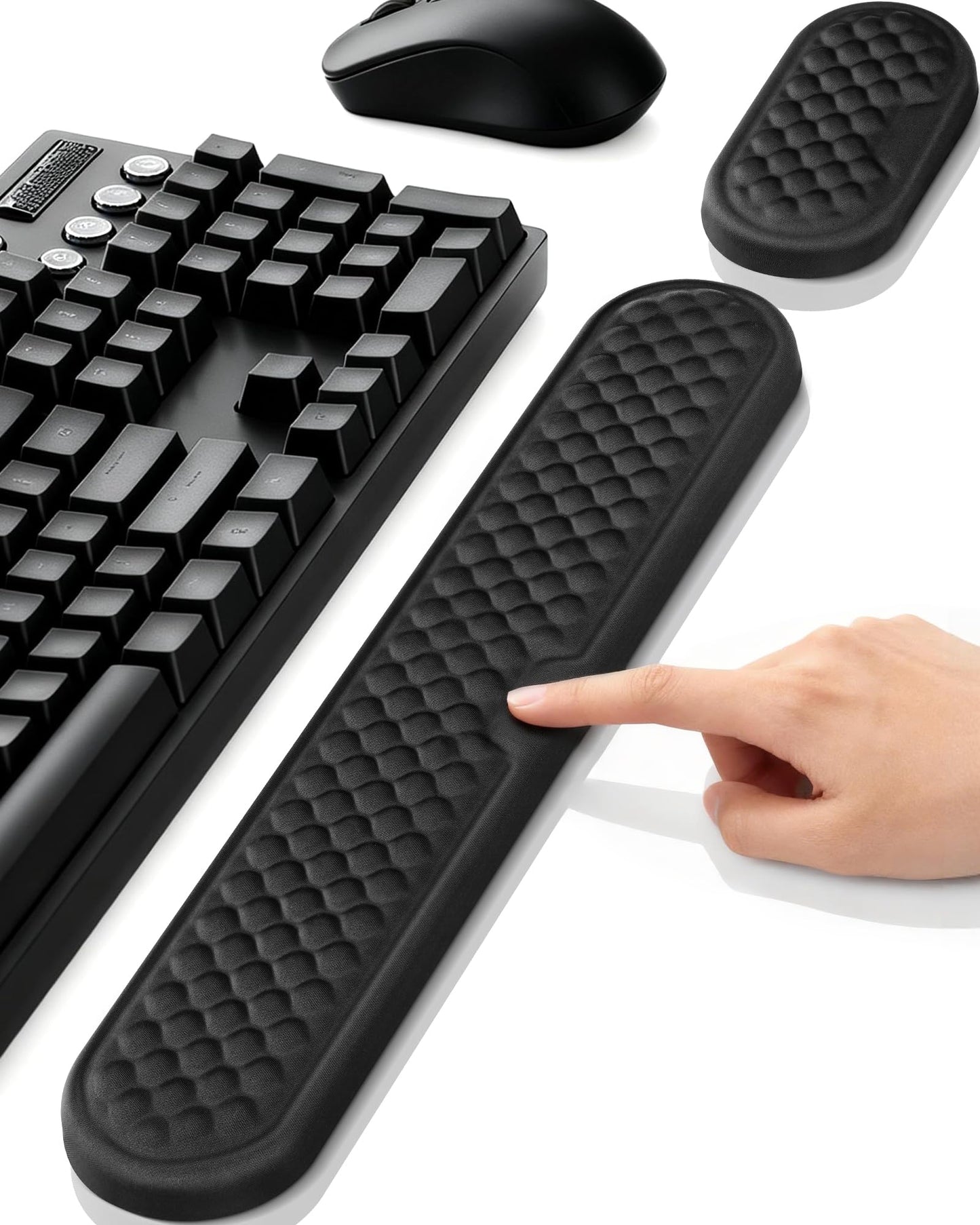 Wrist Rest Set for Keyboard and Mouse, Ergonomic Wrist Support with Memory Foam, Silky Lycra Cover, Non-Slip Base, Helps Ease Wrist Pressure and Fatigue During Long Typing and Gaming Sessions (Black)