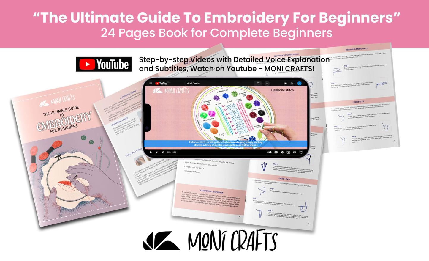 Moni Crafts Embroidery Kit for Beginners – DIY Hand Embroidery Set for Adults with 4 Stamped Patterns, Hoop, Threads, Needles and Step-by-Step Stitch Guide to Learn 33 Stitches