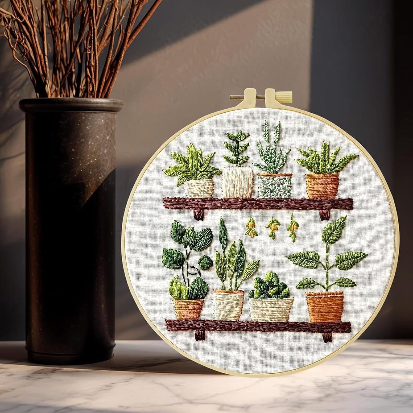 JINJUMEI Embroidery Kit for Beginners, Full Range Embroidery Kit for Adult, Green Plant Pattern Embroidery Kit for Beginners Include Embroidery Cloth Hoops Threads for Embroidery Beginners