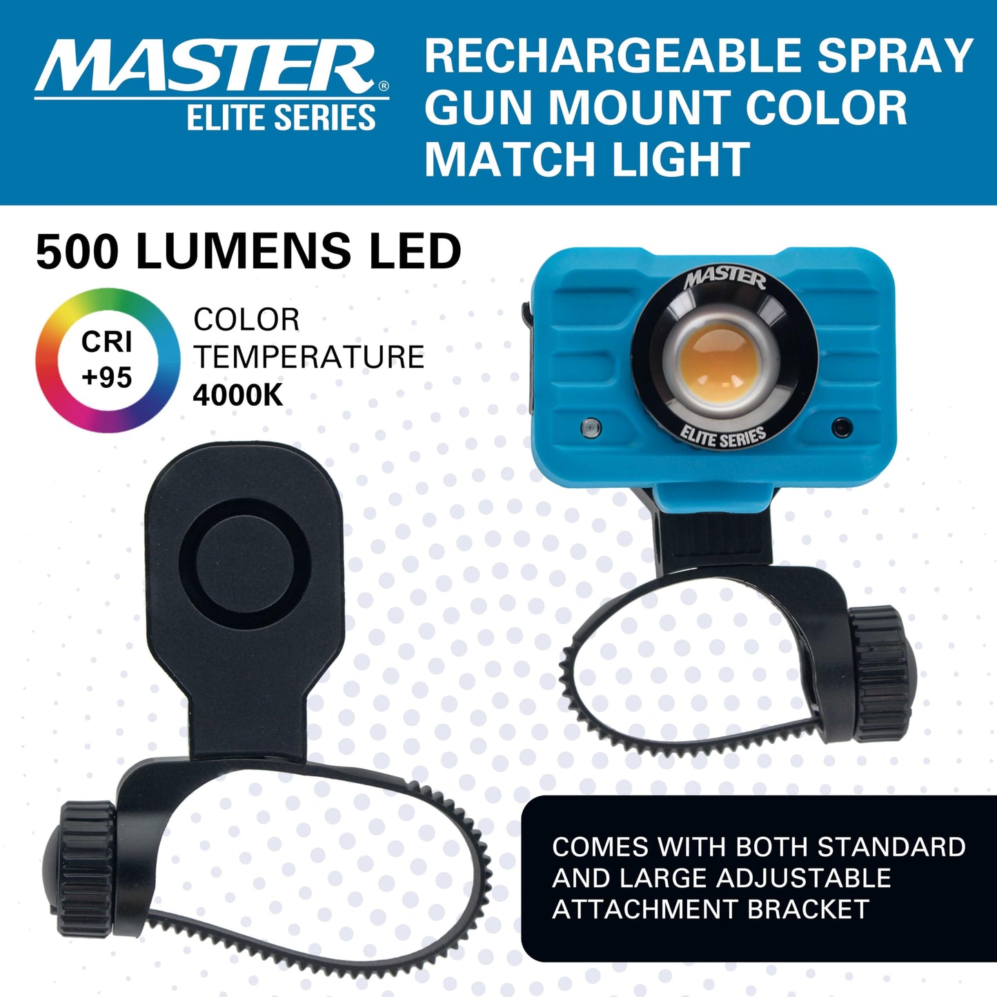 Master Elite Rechargeable Spray Gun Mount Color Match Light, 500 Lumen LED, CRI 95+ - Replicates Natural Sunlight, Illuminates Paint Surface Sprayed, Ensures Even Coverage - Automotive Repair Coating